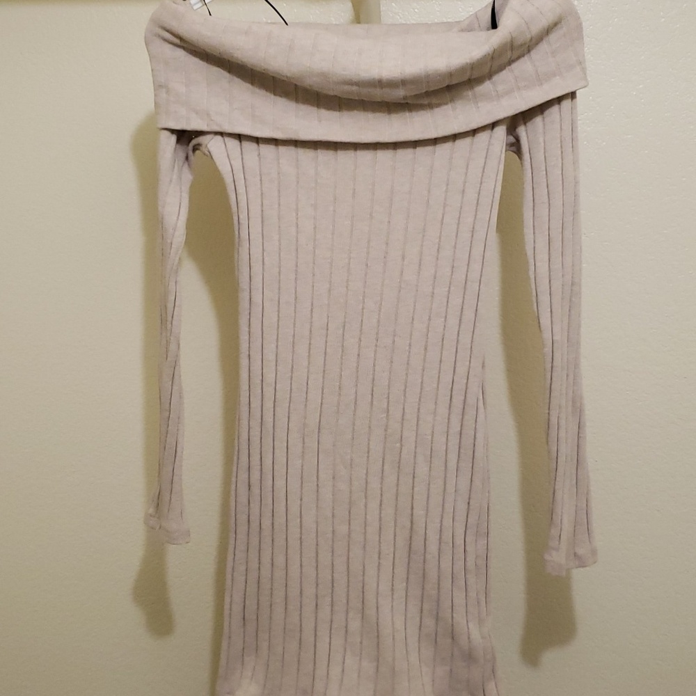 Tan off the shoulder long sleeve dress